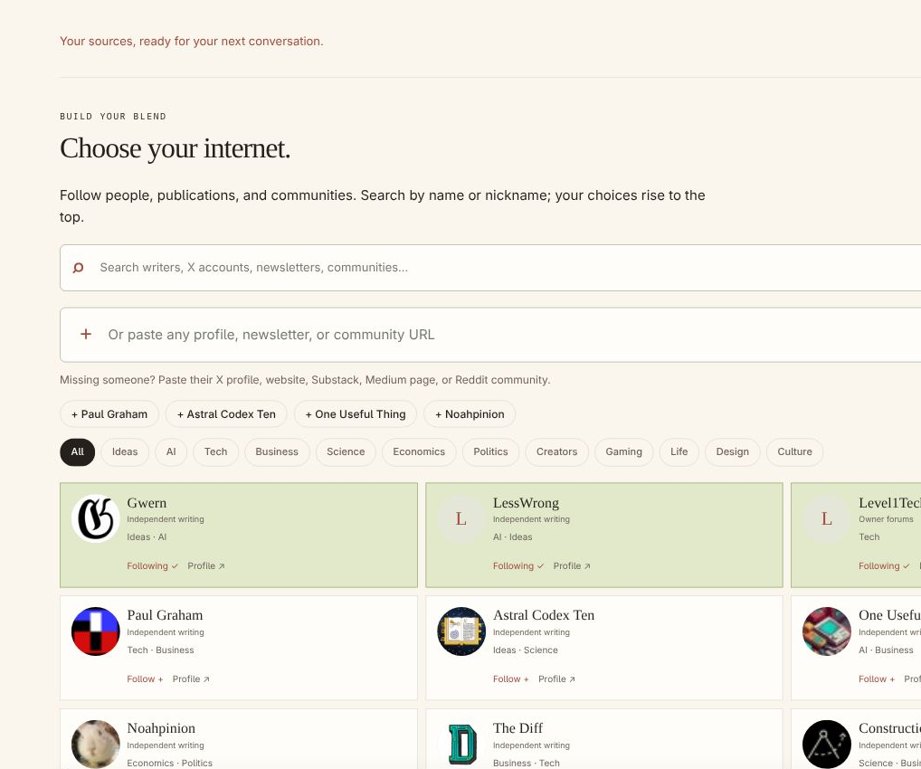 The real a sip blend builder showing followed authors, communities, and source controls